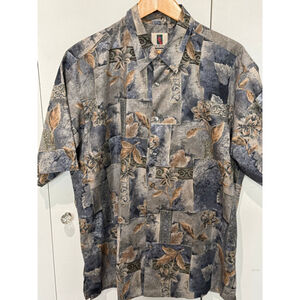 Men's Tori Richard Casual Hawaiian Button Down cotton Shirt L Gray Brown Floral